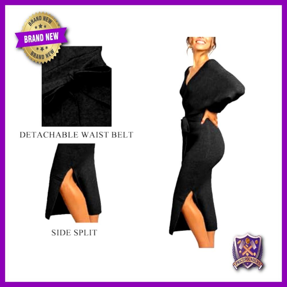 V-Neck Batwing Sleeve Backless Bodycon Midi Dress with Belt - Picture 6 of 7